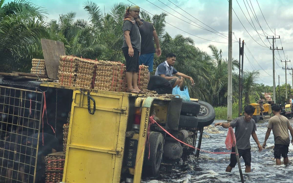 Truk Bermuatan 8 Ton Telur Terbalik di Jalintim Pangkalan Kerinci, Ini Dugaan Penyebabnya