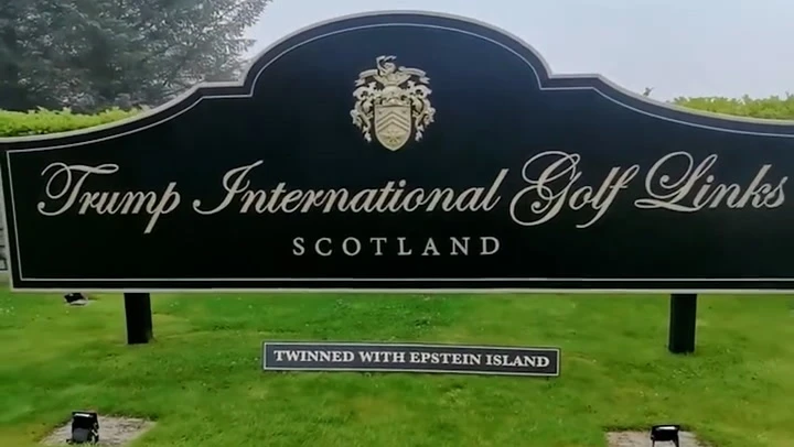 ‘Twinned with Epstein Island’ sign placed on Trump golf course