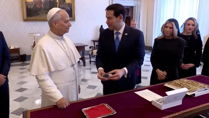 Video: Marco Rubio gifts Pope Leo small crystal football