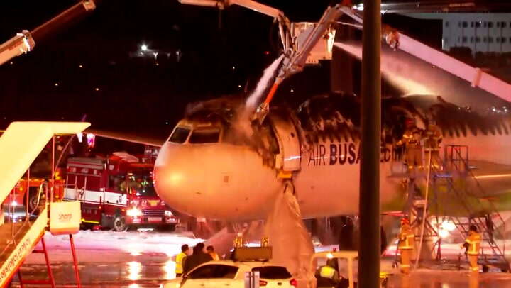 Air Busan Airbus charred by flames after aircraft catches fire