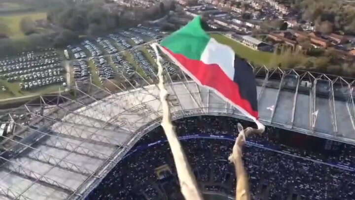 Drone flying Palestinian hovers over England v Italy six nations match