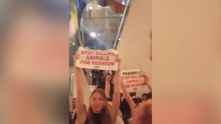 Pharrell confronted by animal rights activists at Olympics party