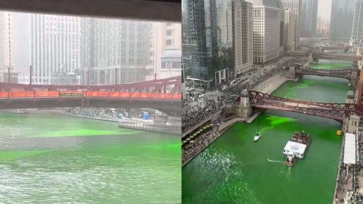 Chicago River dyed green for St Patrick’s Day parade