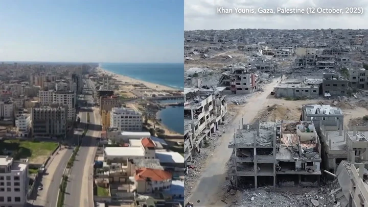 Drone footage shows Gaza before and after war in shocking scale
