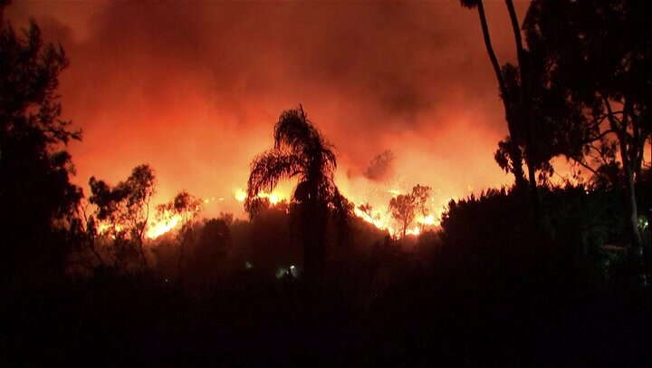 Watch: Palisades wildfires rage through LA hillside destroying homes