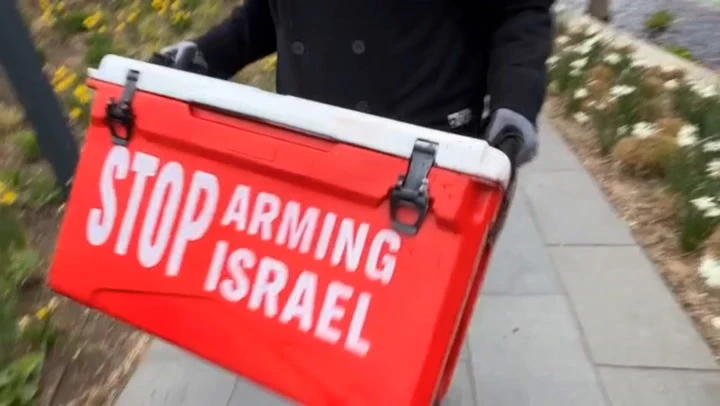Activists turn US embassy pond-blood red in Israel arms sales protest
