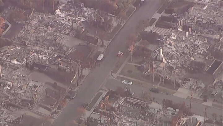 Aerials reveal entire neighbourhood flattened by LA area wildfires