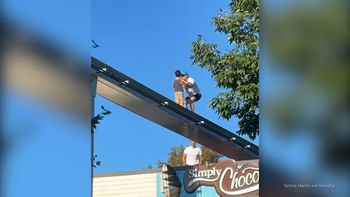 Lost boy walking on amusement park monorail track rescued by bystander