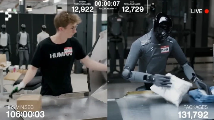 Humanoid robot and factory worker go head-to-head in packing challenge