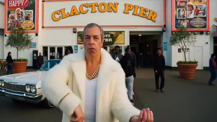 Farage dances in fur coat at Clacton Pier in bizarre AI rap video