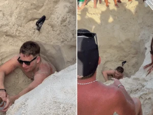 Inglês faz buraco em praia do Rio, fica preso e é salvo: 'Medo de morrer'