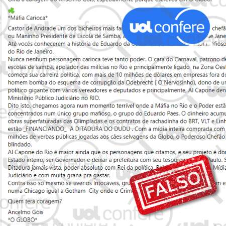 Ancelmo Gois não publicou texto chamando Eduardo Paes de mafioso