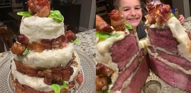 Pai faz 'bolo' de aniversário do filho com carne, purê de batata e bacon