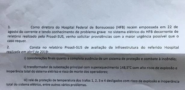 Ministério foi informado em 2019 do risco de incêndio no Hospital