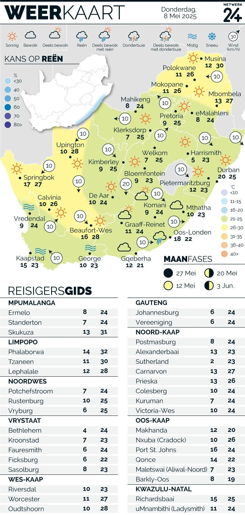 WEERKAART | Die weer in jou streek Donderdag