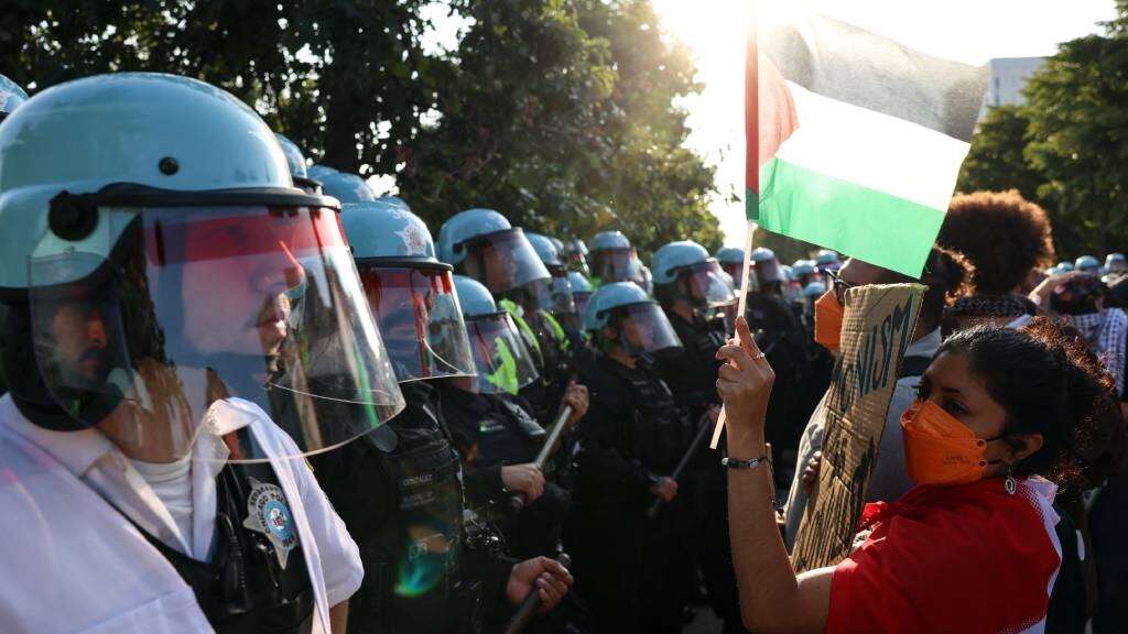 'Killer Kamala': Gaza war protesters confront police outside Democratic convention