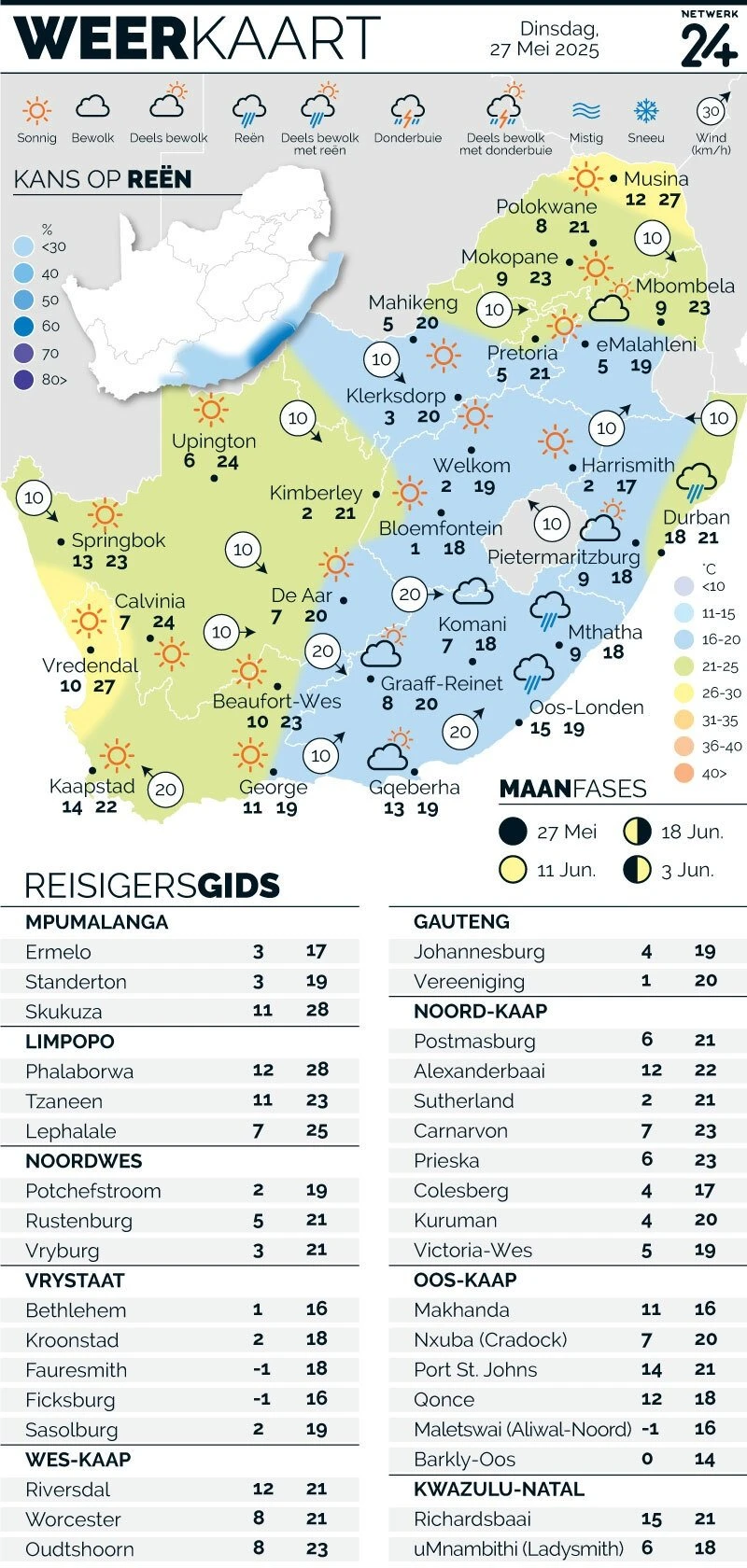 WEERKAART | Die weer in jou streek Dinsdag