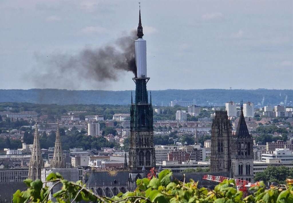 Rouen cathedral's spire is on fire in scenes reminiscent of devastating Notre-Dame fire