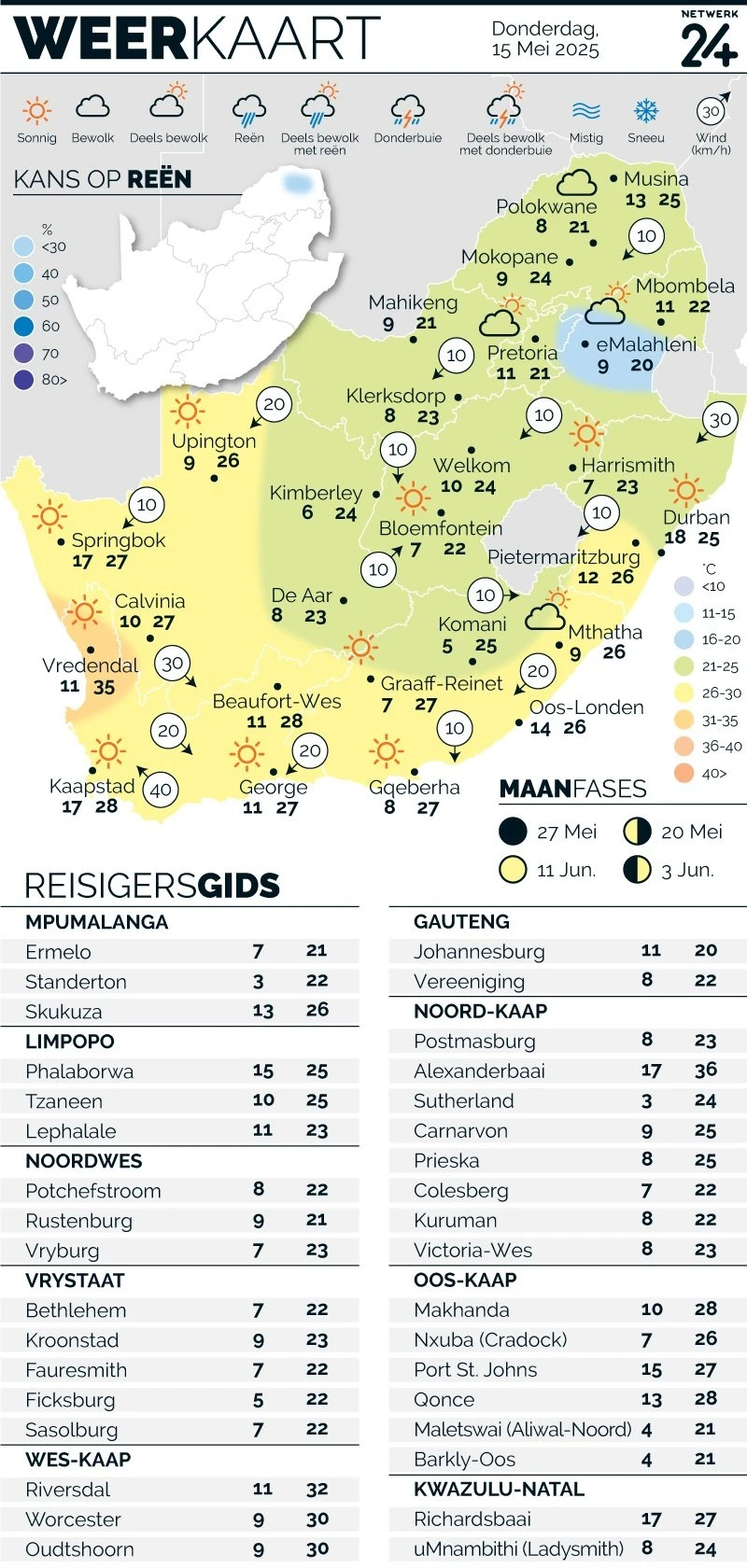 WEERKAART | Die weer in jou streek Donderdag