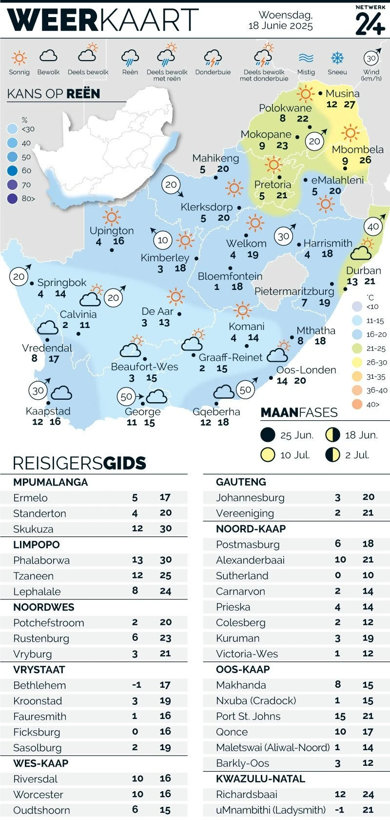 WEERKAART | Die weer in jou streek Woensdag