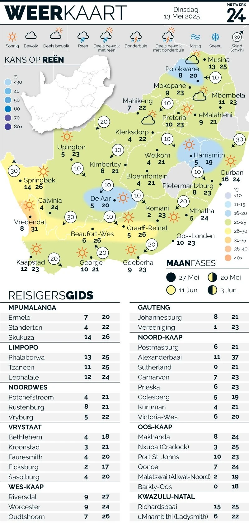 WEERKAART | Die weer in jou streek Dinsdag