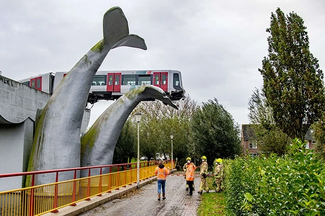 Giant whale tale sculpture saves train from plunging into river