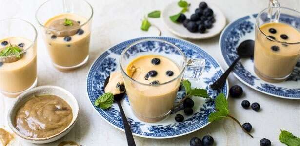 Rooibos tea and blueberry panna cotta with nut butter caramel sauce