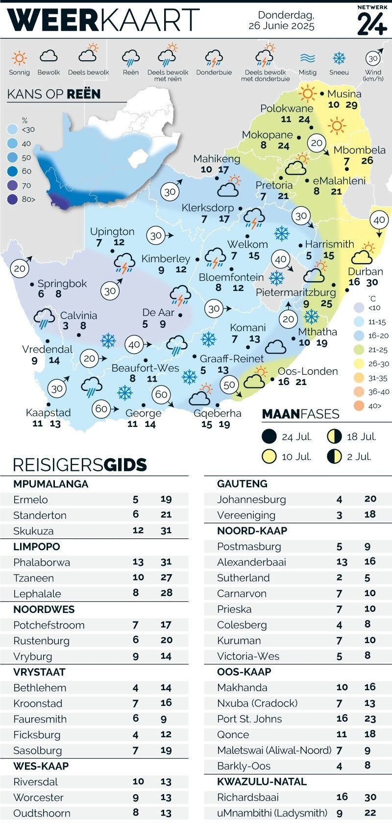 WEERKAART | Die weer in jou streek Donderdag