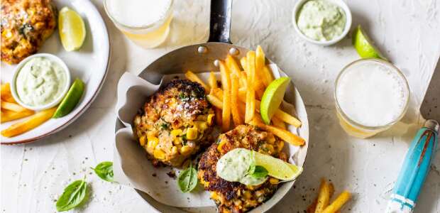 What's for dinner? Panko-crumbed tuna, lime and corn cakes with green mayo