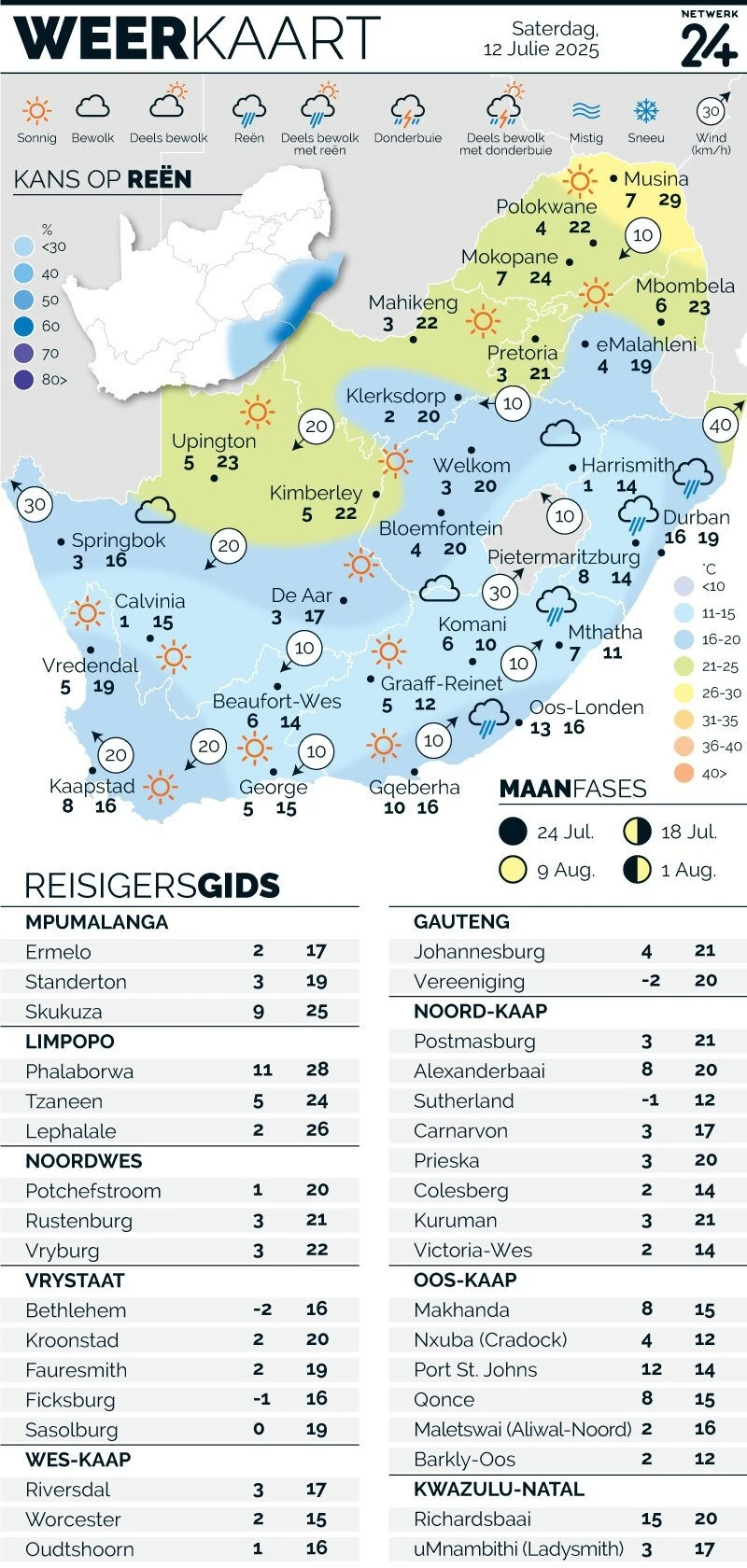 WEERKAART | Die weer in jou streek Saterdag