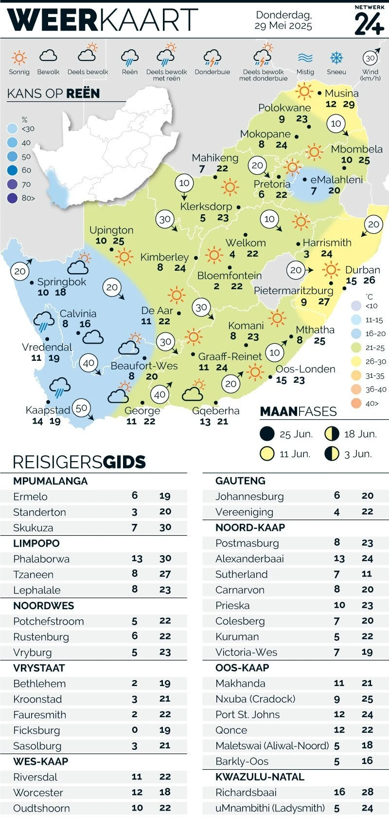 WEERKAART | Die weer in jou streek Donderdag