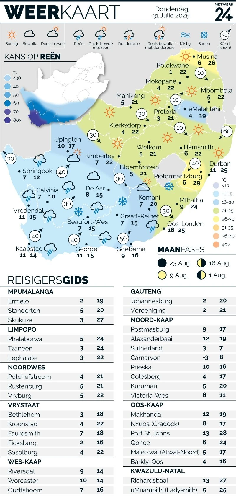 WEERKAART | Die weer in jou streek Donderdag