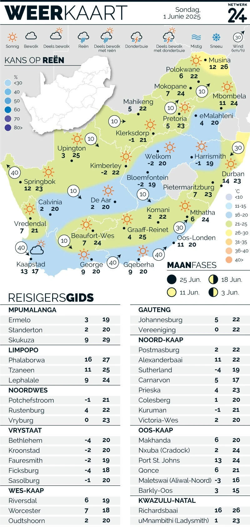 WEERKAART | Die weer in jou streek Sondag