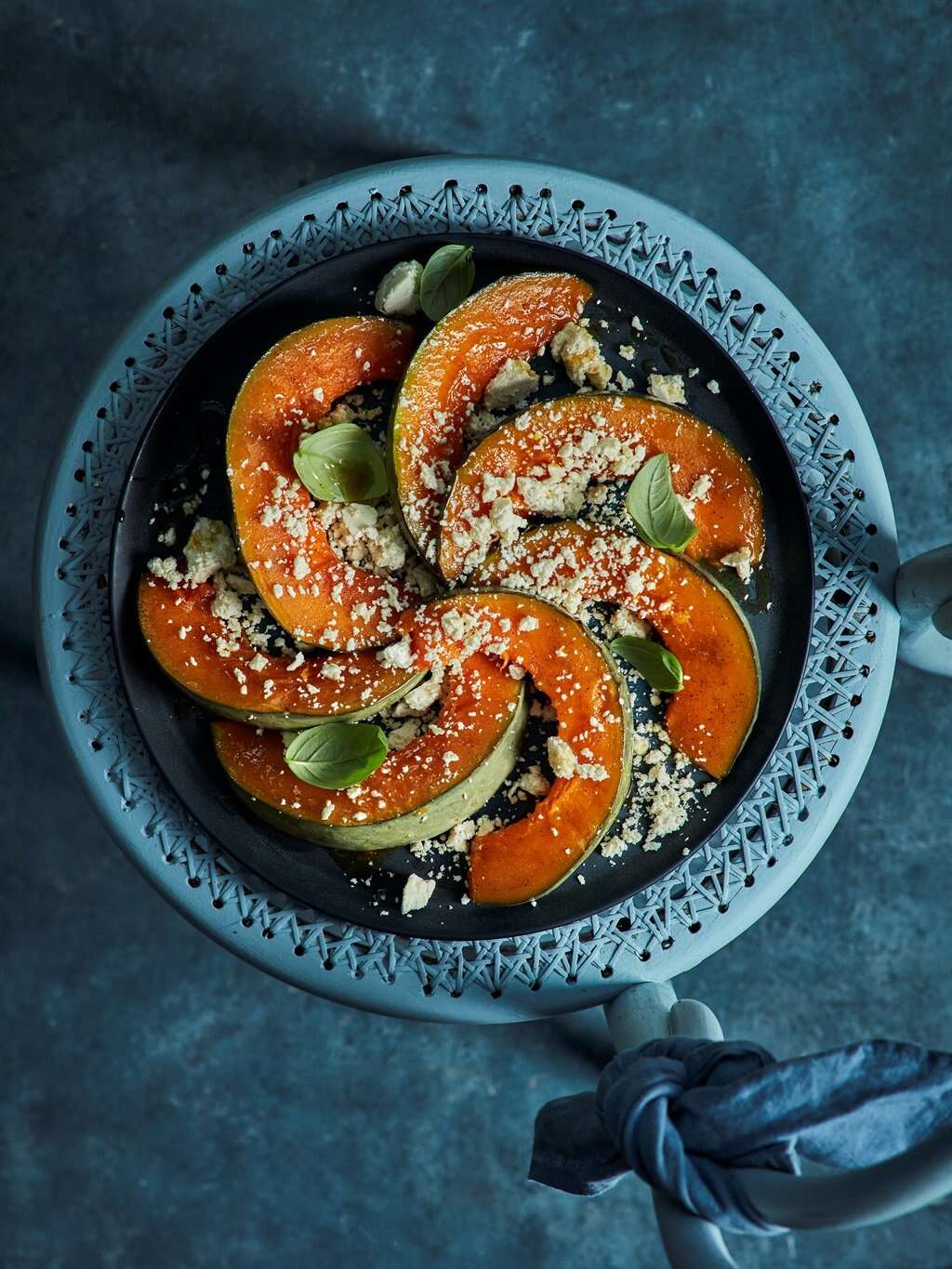 Caramelised pumpkin slices with creamy feta