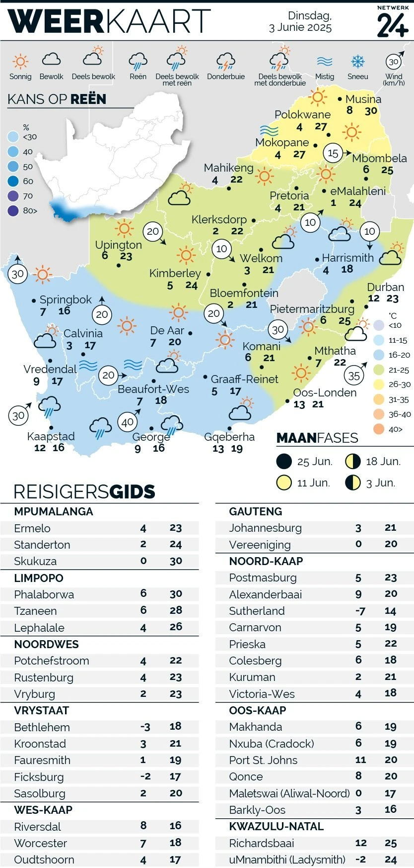 WEERKAART | Die weer in jou streek Dinsdag