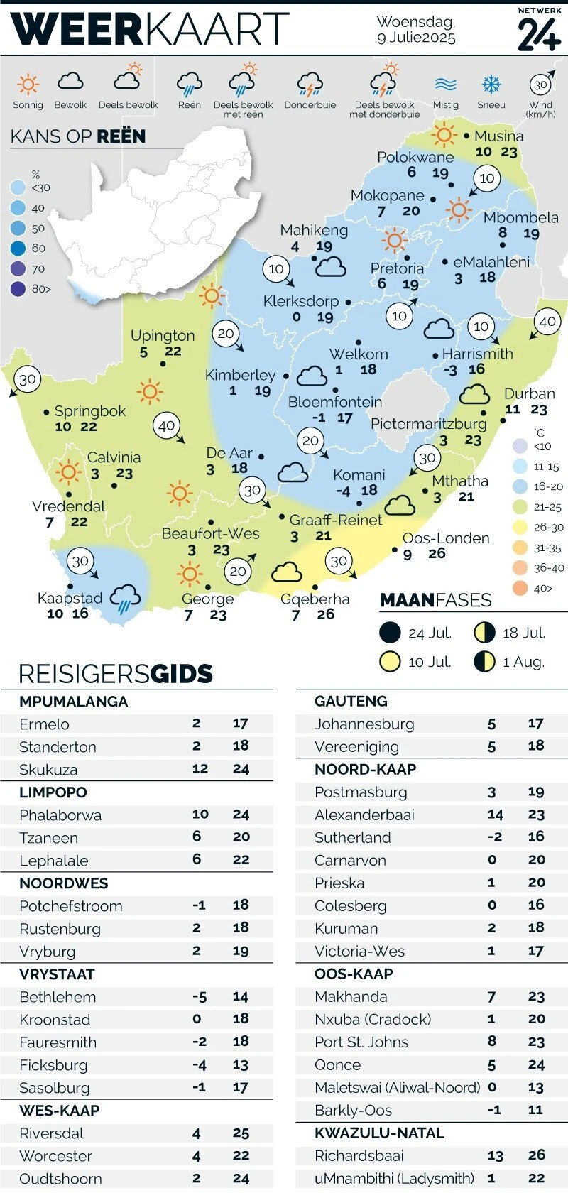 WEERKAART | Die weer in jou streek Woensdag
