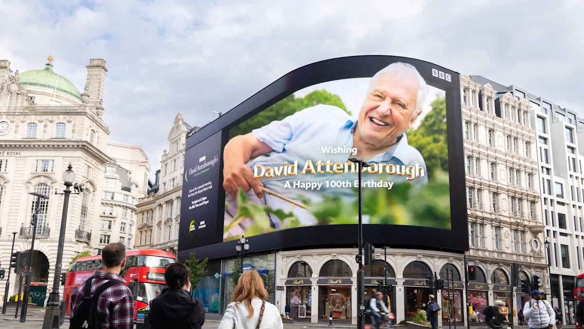 Birthday tribute to Sir David Attenborough displayed on Piccadilly Lights