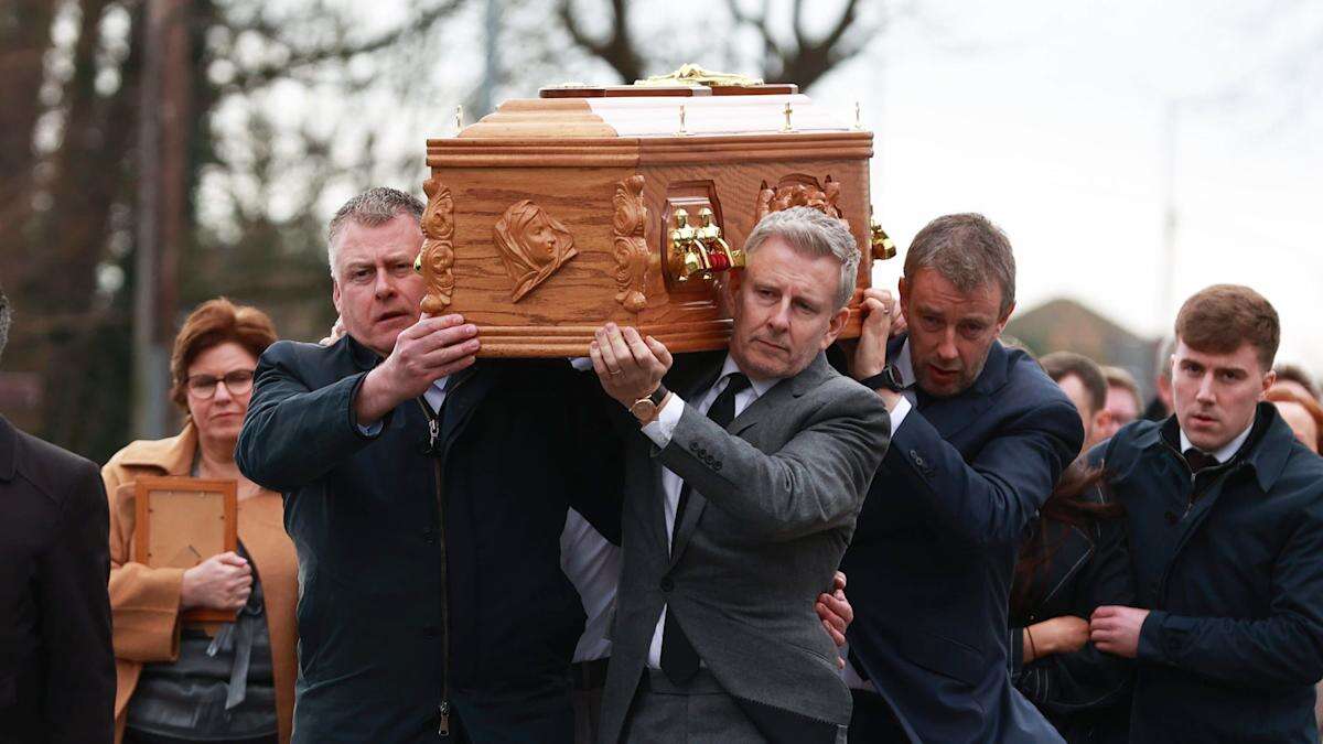 Patrick Kielty carries mother’s coffin as mourners gather for funeral