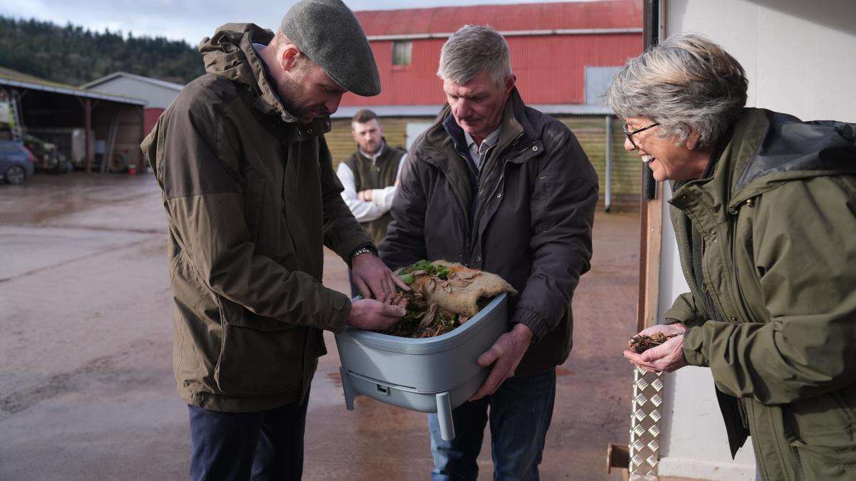 Prince of Wales praises regenerative farm’s ‘fantastic’ composting efforts