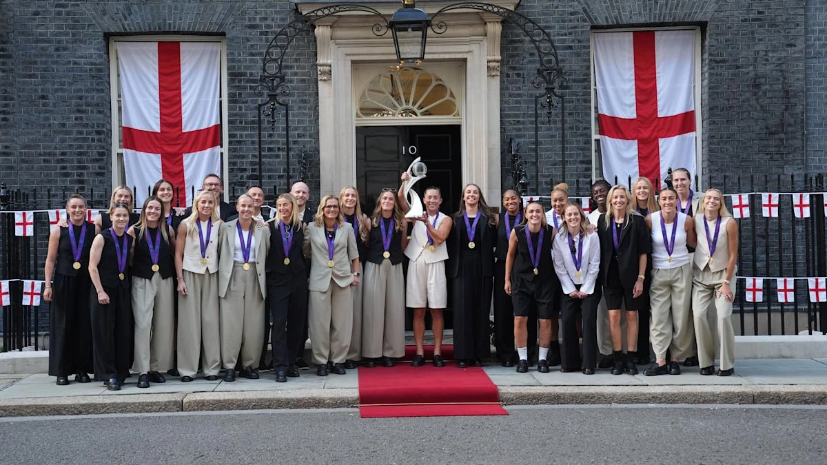 England arrive at Downing Street to celebrate European Championship success