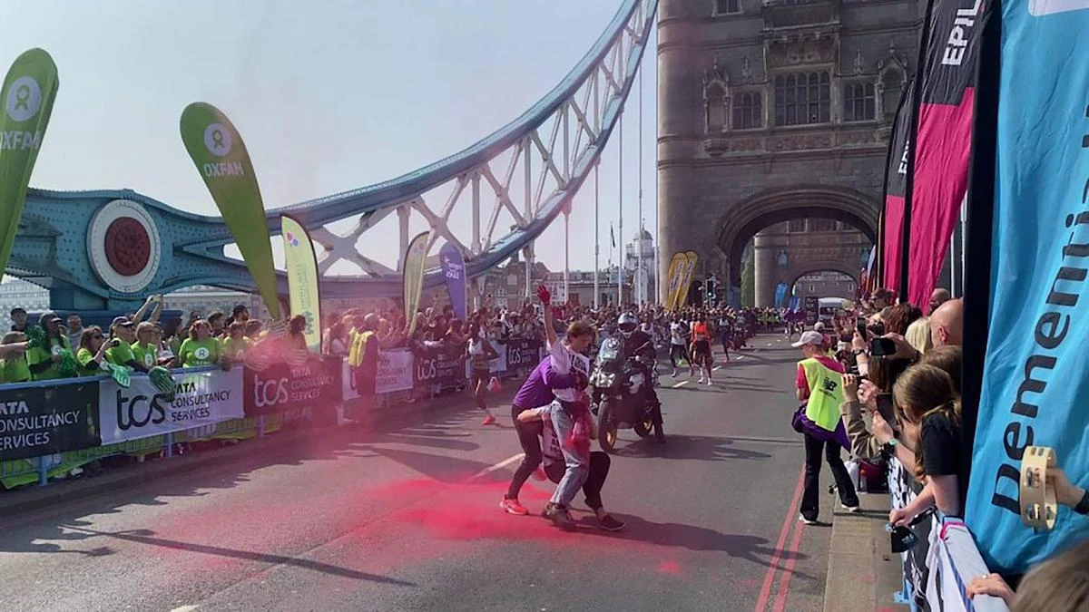 Pro-Palestine demonstrators throw red powder paint at London Marathon