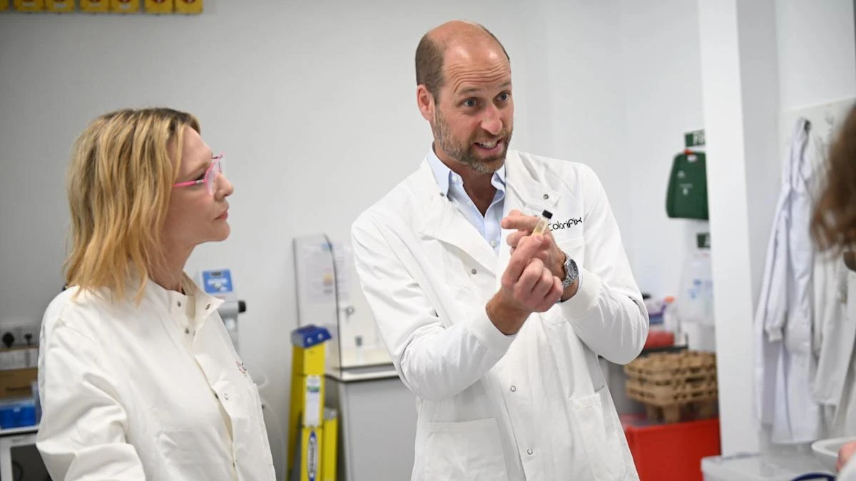 Prince of Wales and Cate Blanchett don lab coats to see eco brand at work