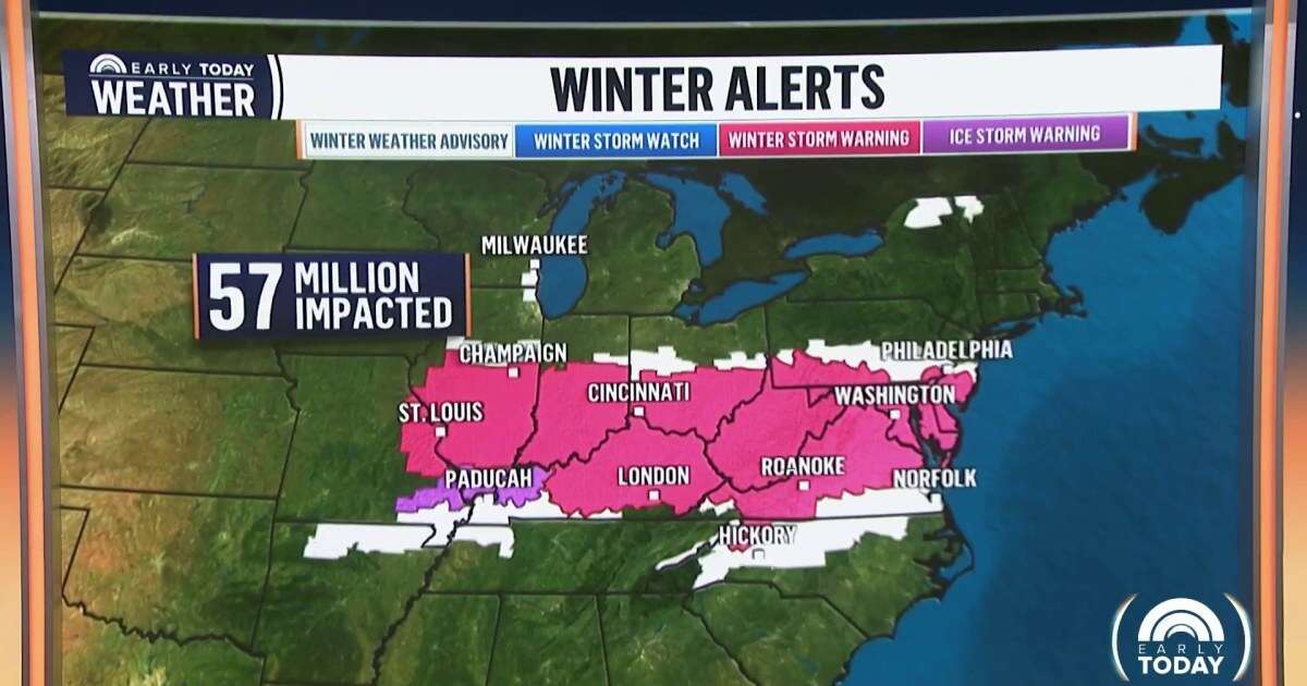 57 million impacted by snow and ice, with winter storms warnings from St. Louis to Washington