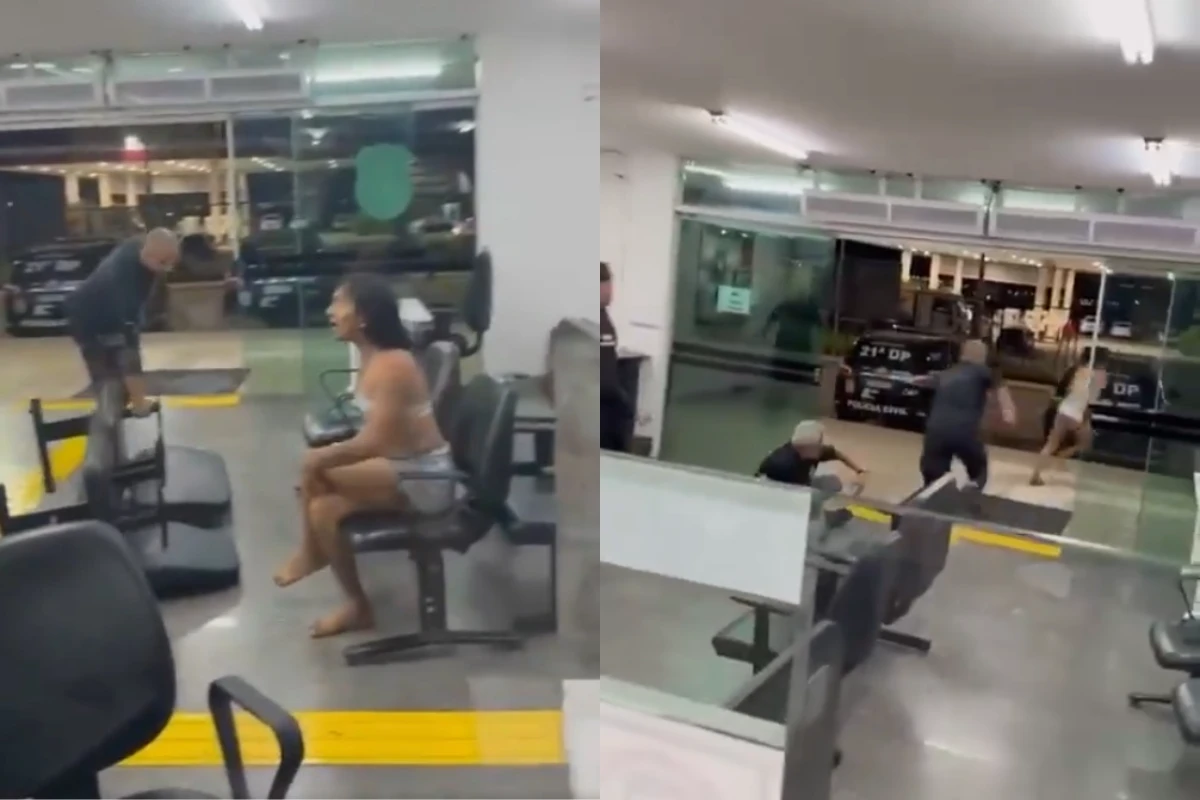 Mulher trans bate-boca em delegacia, rouba celular de policial e foge correndo do local; veja vídeo