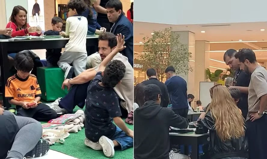 Everton Ribeiro leva filhos para trocar figurinha em shopping