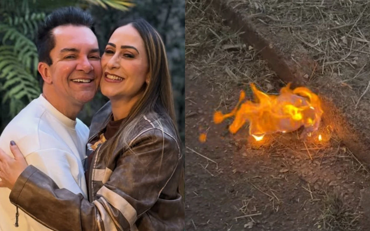 Após ter casa atingida por incêndio, esposa de Regis Danese queima boneco labubu