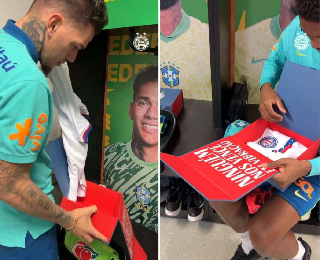 Jogadores da Seleção Brasileira ganham camisa do Bahia antes de duelo contra o Uruguai