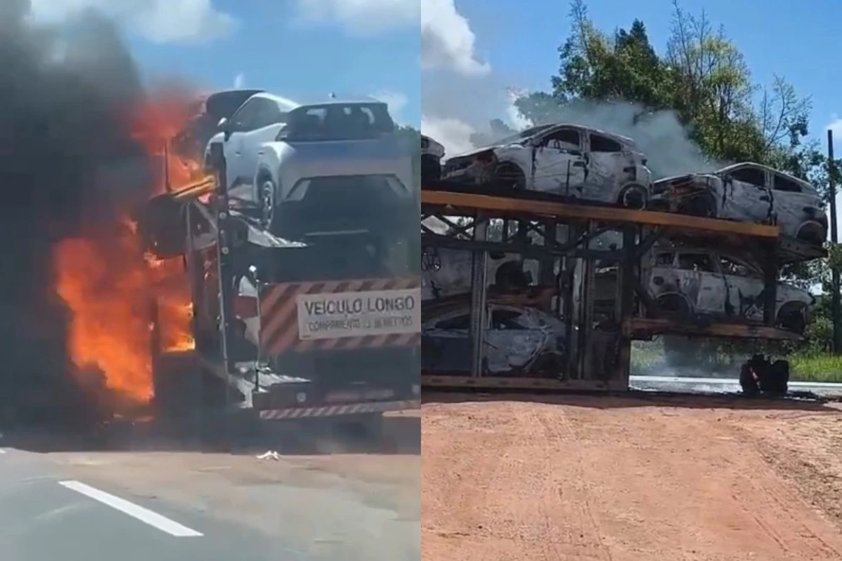 Caminhão-cegonha pega fogo e interdita trecho da BR-101