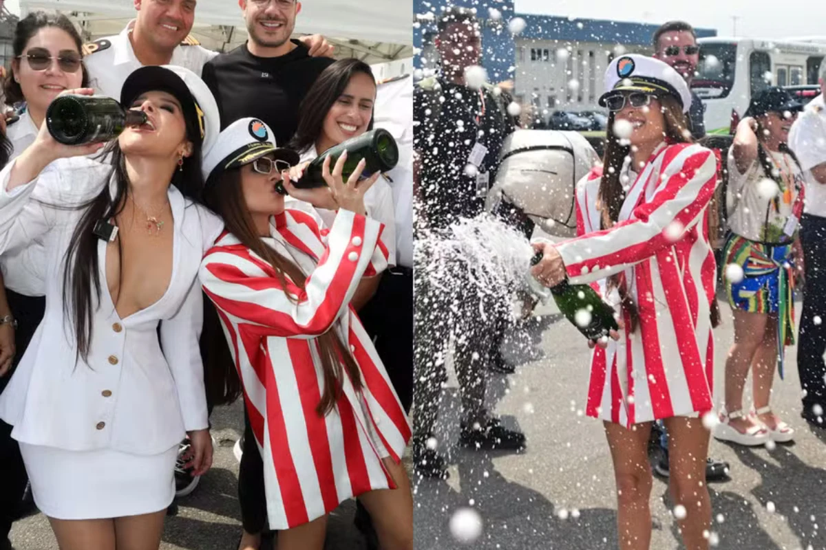 Maiara e Maraisa tomam banho de espumante antes de embarcar em cruzeiro