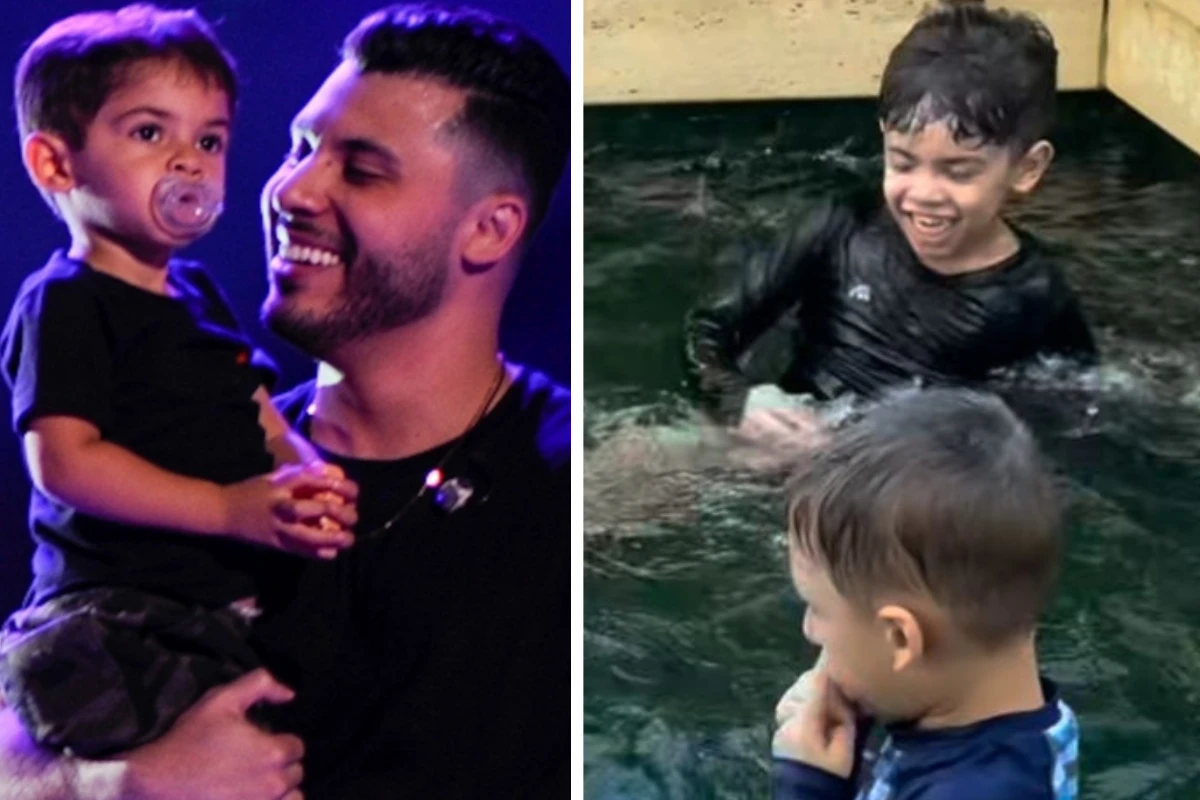 Após conquistar guarda provisória, Murilo Huff mostra Léo animado na piscina de sua casa
